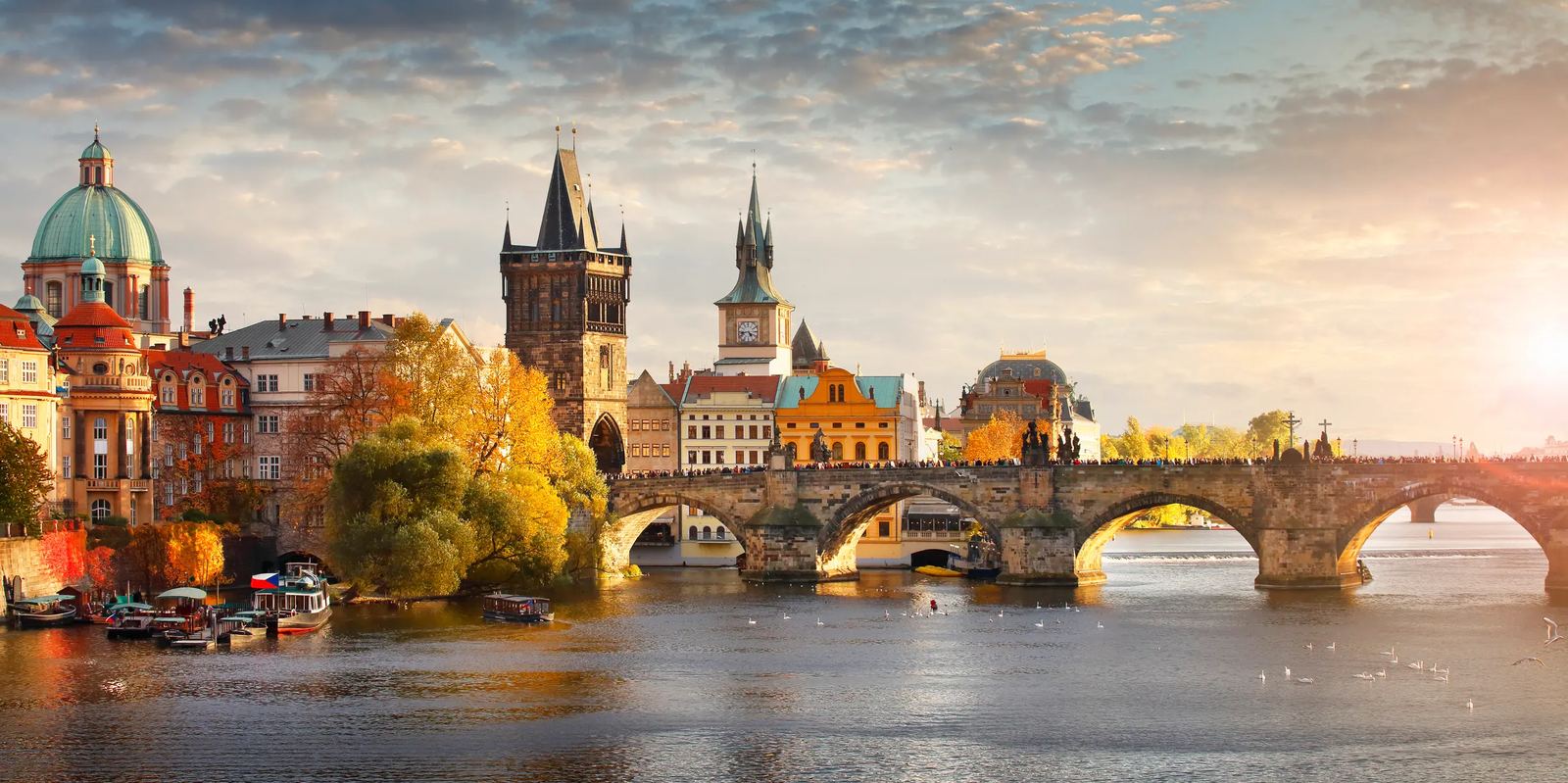 Charles Bridge and the Prague skyline at sunset