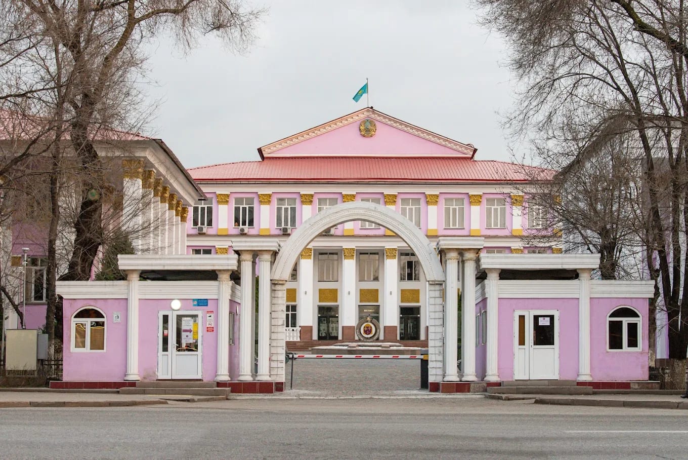 The arched entrance gate of Asfendiyarov Kazakh National Medical University in Almaty