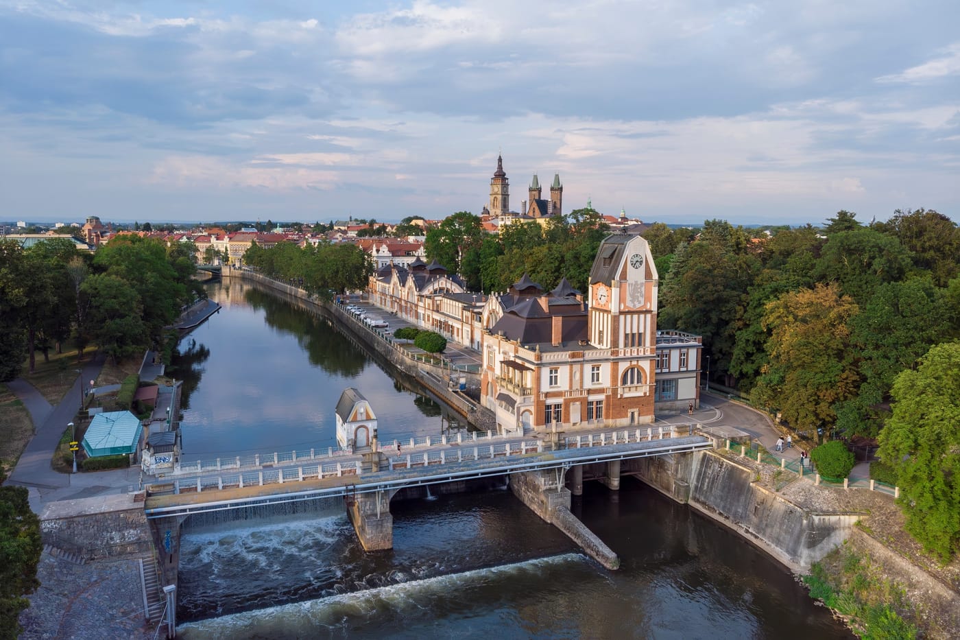 Aerial view of Hradec Králové with the river, the historic hydroelectric station and the White Tower