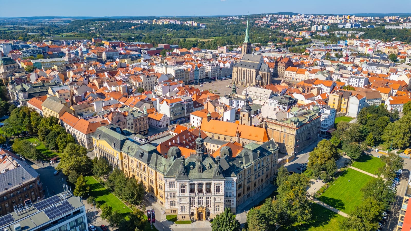 Aerial view of the rooftops and squares of Pilsen