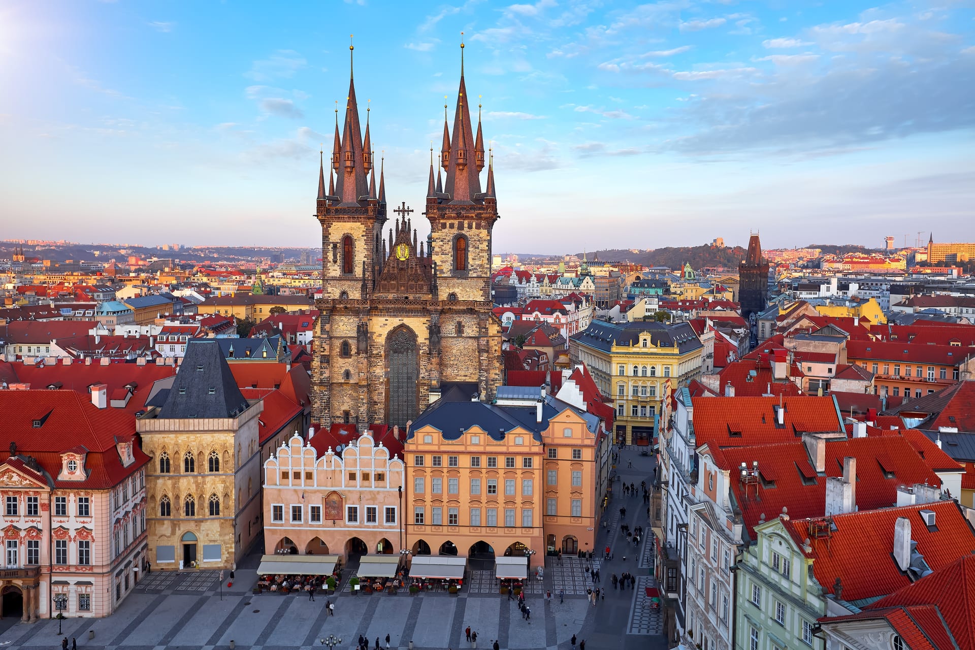 Aerial view of Prague Old Town rooftops and spires