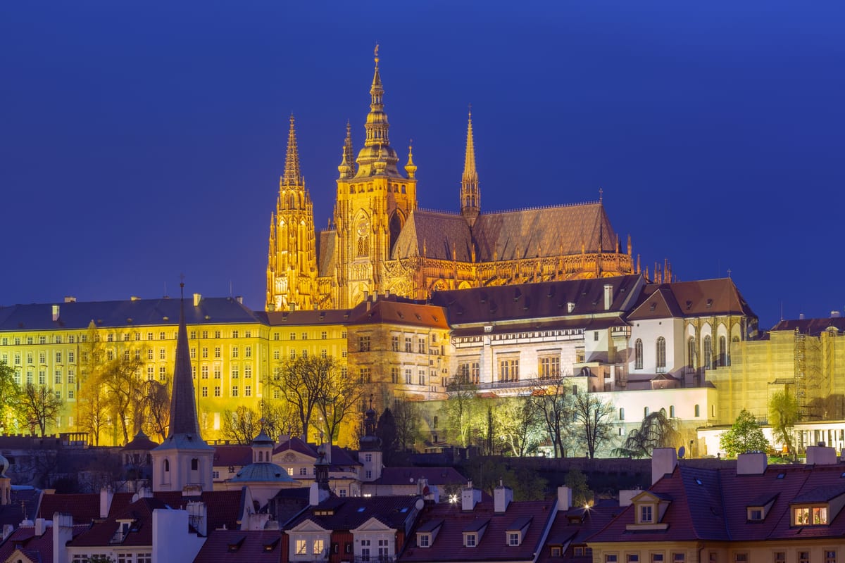 Prague Castle and St. Vitus Cathedral illuminated at night