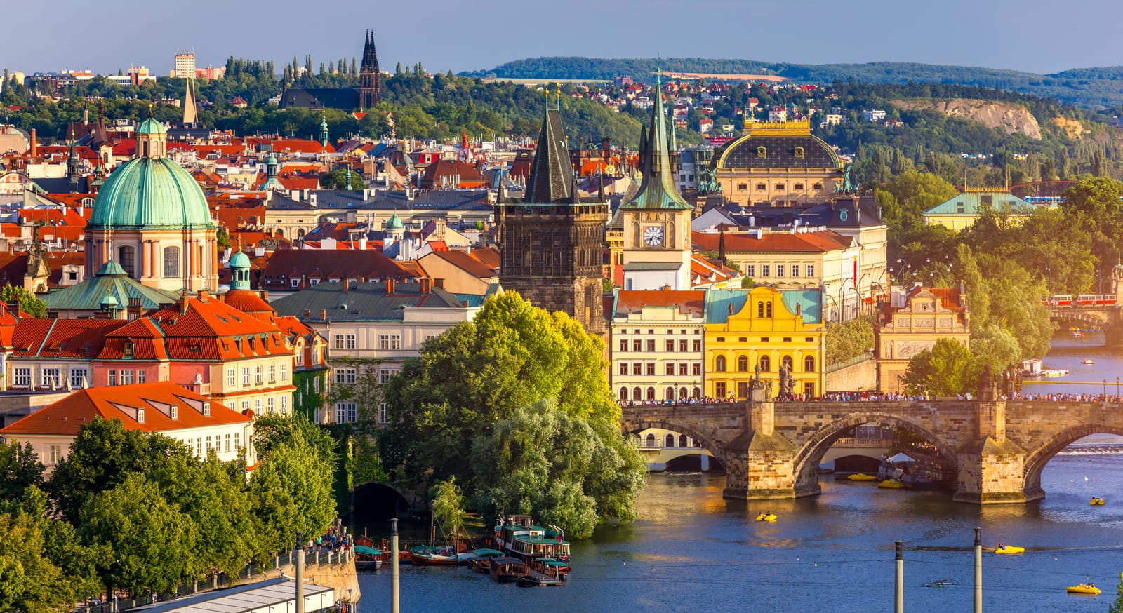 Panoramic view over the red rooftops of Prague's Old Town