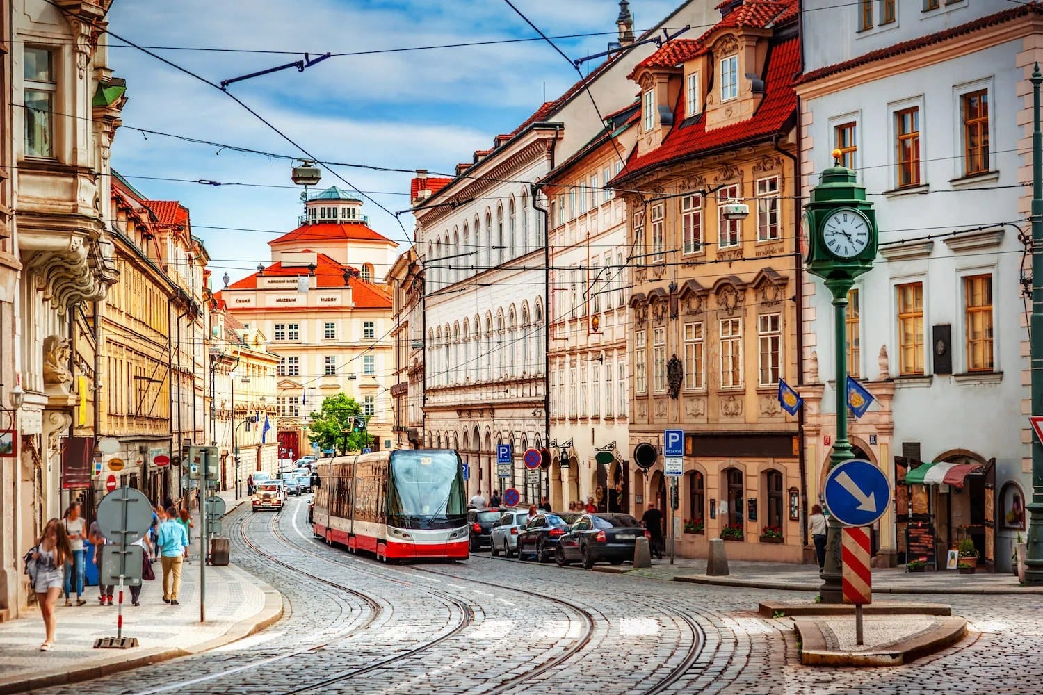 A tram on a cobbled street in Malá Strana, Prague