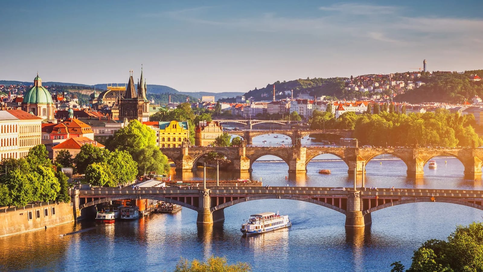 Panoramic view of the Vltava river and its bridges in central Prague