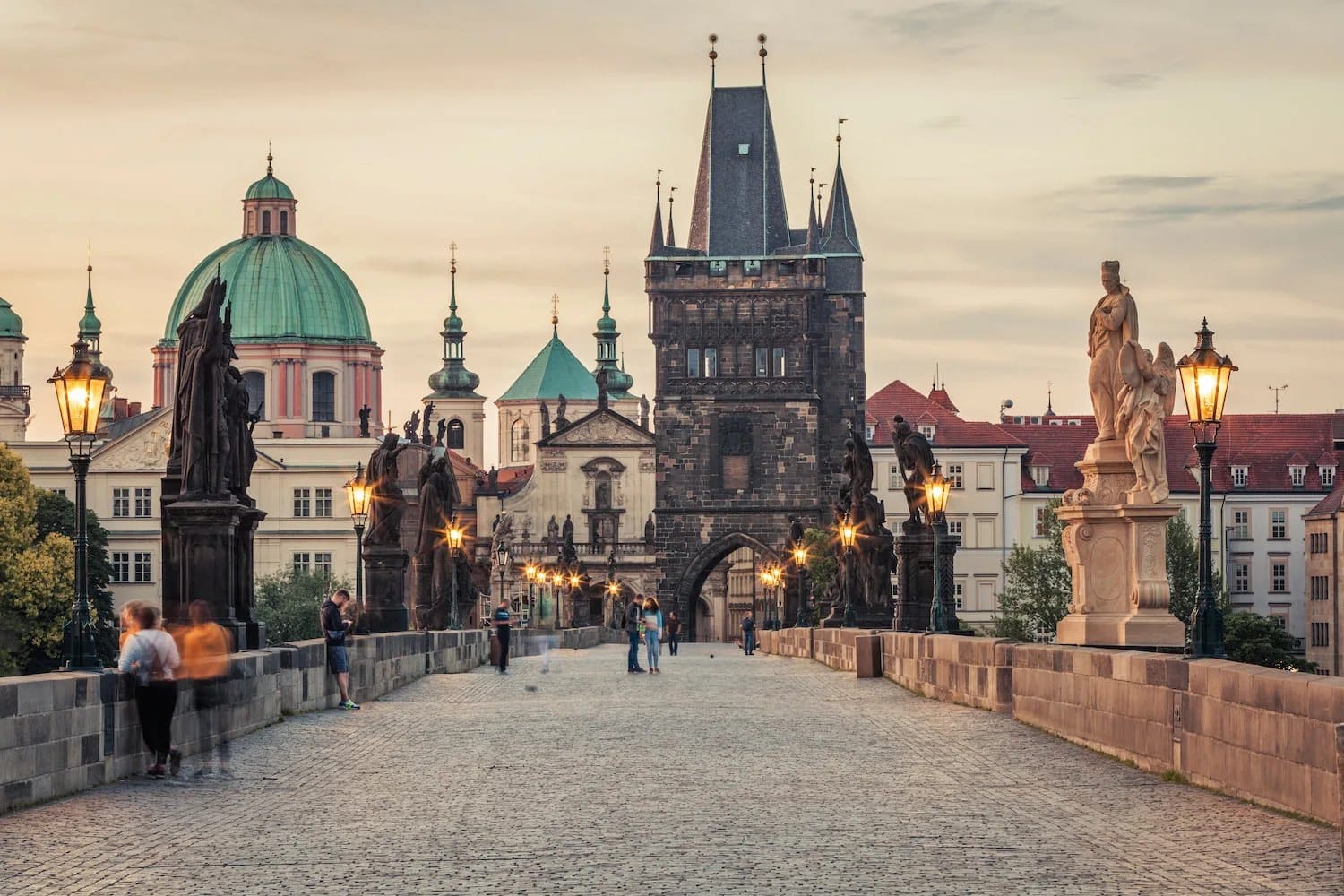 Charles Bridge at dawn in Prague, commissioned by Charles IV, who founded Charles University in 1348