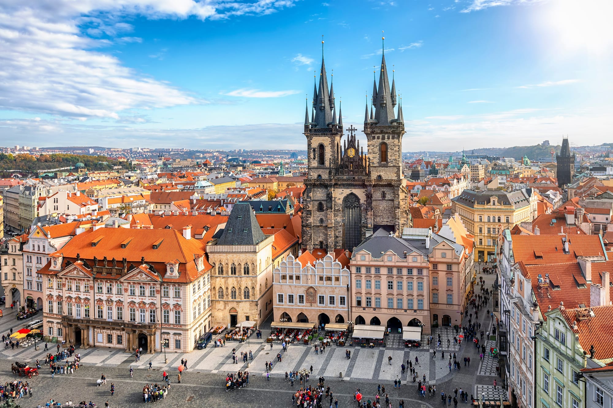 Aerial view of Prague Old Town Square with the Týn Church