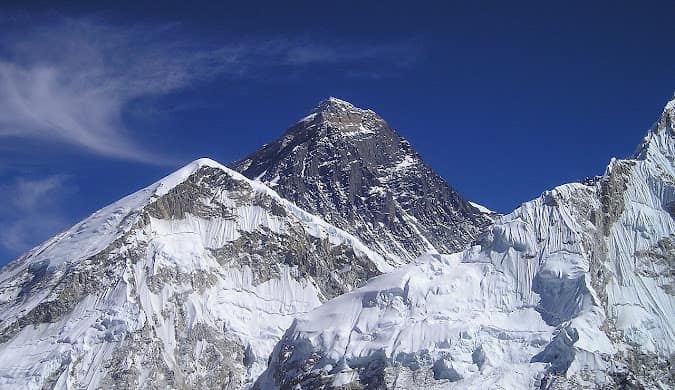 The peak of Mount Everest in the Nepal Himalaya (elsewhere in Nepal, not Bharatpur)