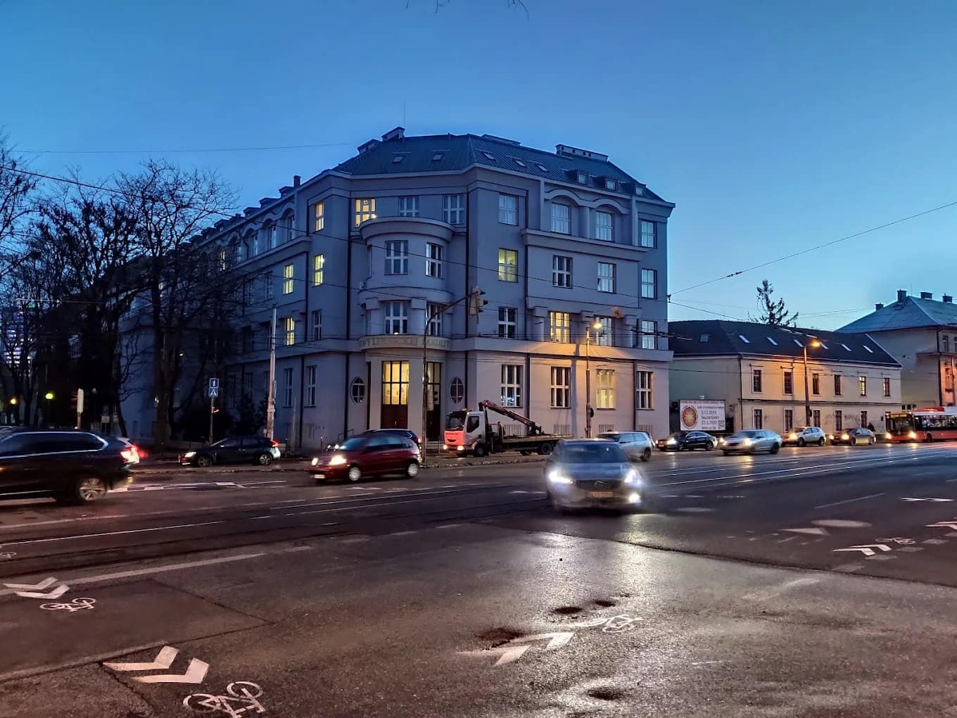 A Comenius University Faculty of Medicine building in Bratislava at dusk