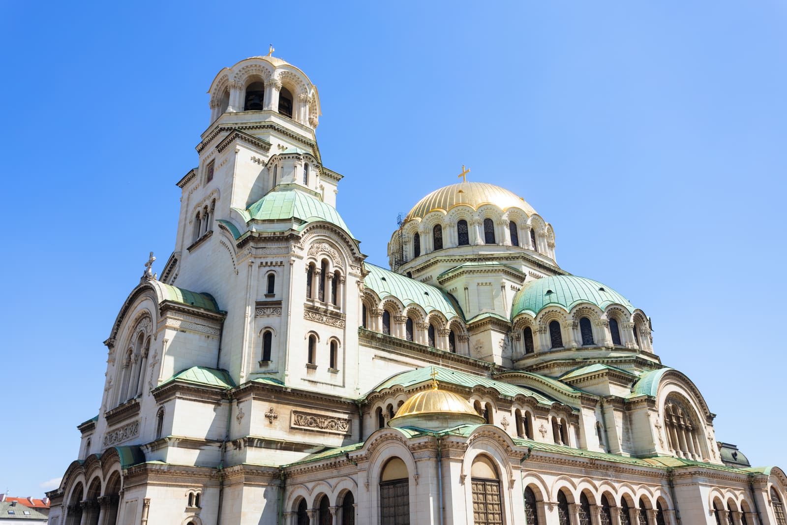 Domes of the Alexander Nevsky Cathedral in Sofia against a clear sky