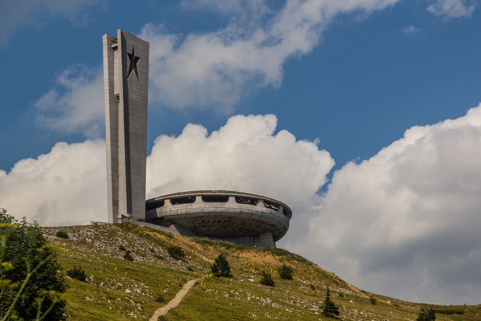 The Buzludzha Monument on its ridge in the Balkan Mountains, Bulgaria