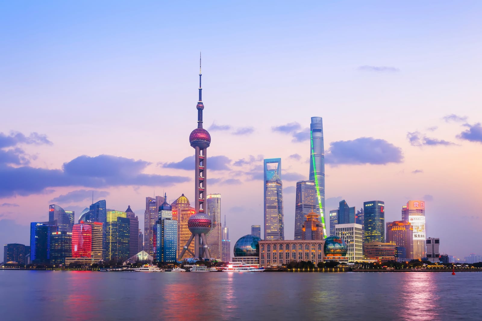 The Pudong skyline of Shanghai at dusk, with the Oriental Pearl Tower, China