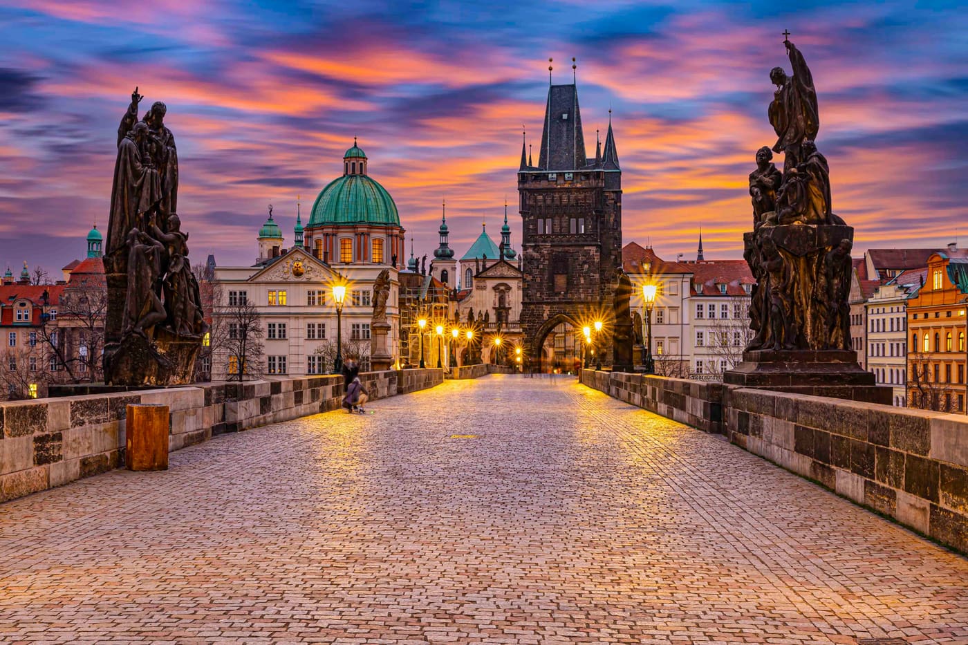Charles Bridge statues at dawn
