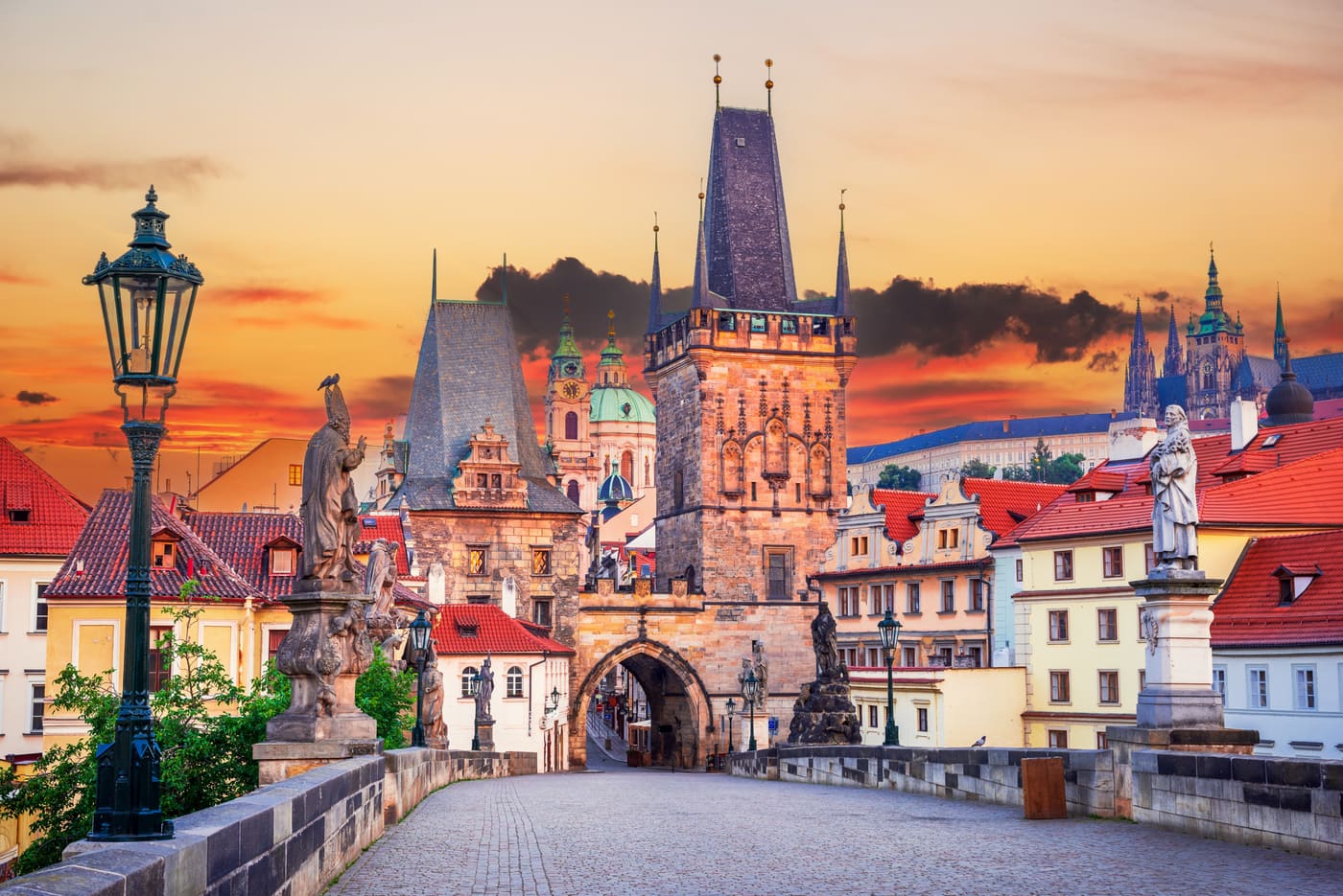Charles Bridge tower at sunset