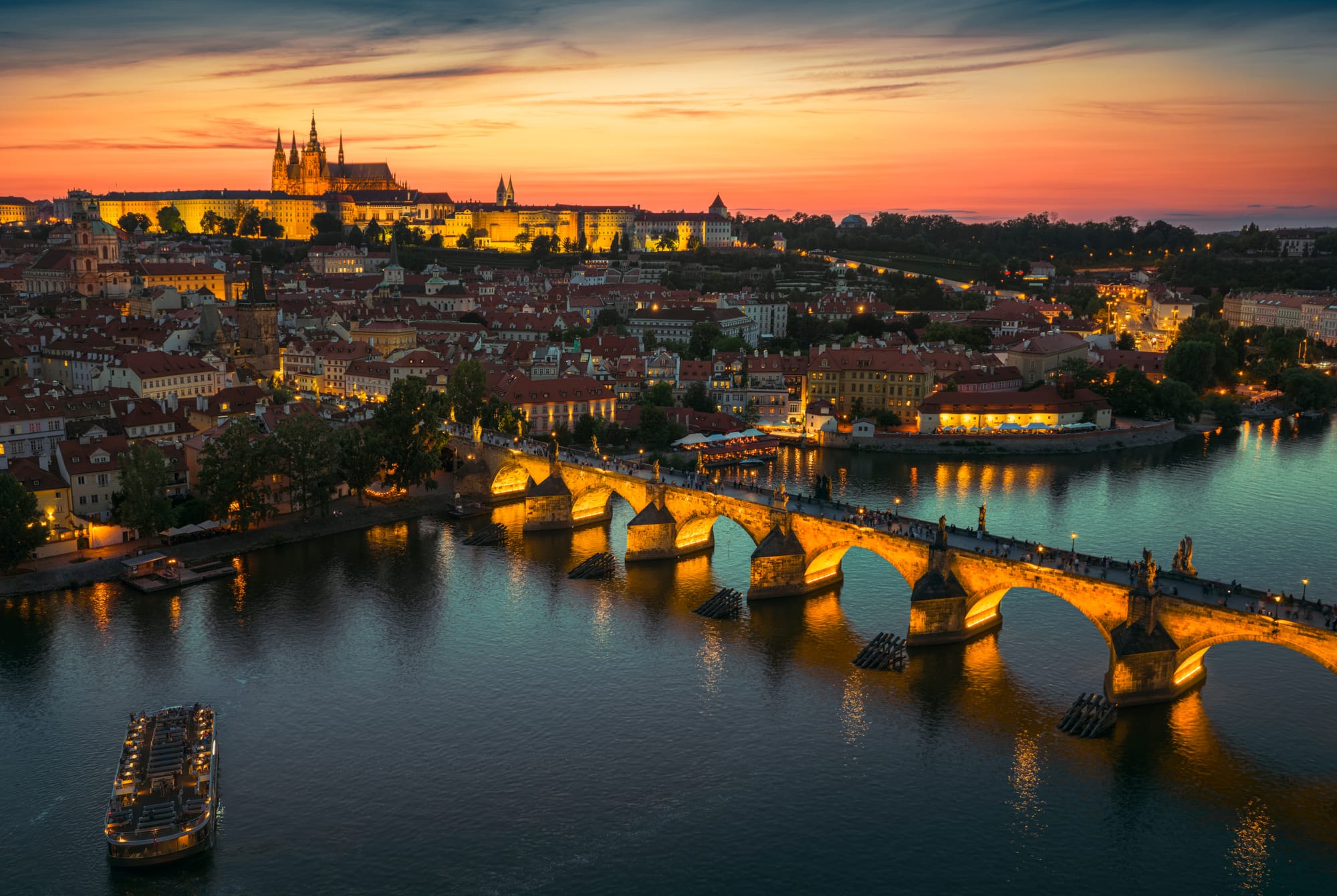 Aerial night view of Prague