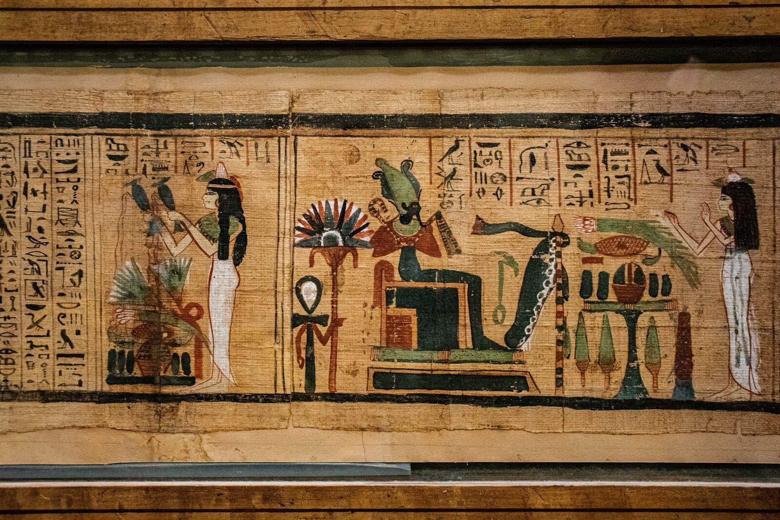 An ancient Egyptian painted papyrus scroll with hieroglyphs, Egypt