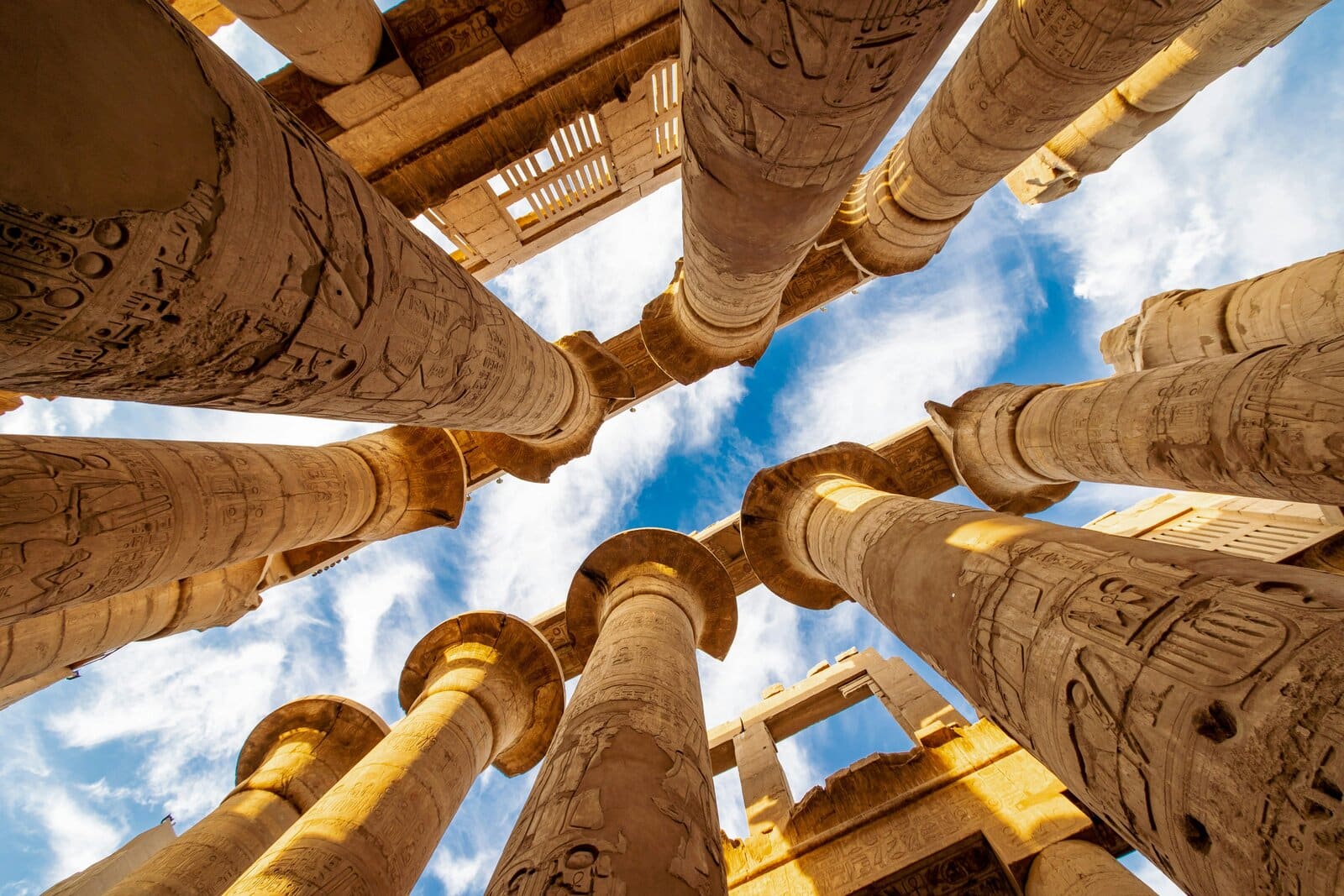 The towering columns of the Great Hypostyle Hall at Karnak Temple, Luxor, Egypt
