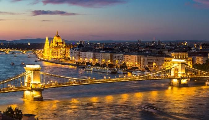 Hungarian Parliament and the Chain Bridge over the Danube at dusk