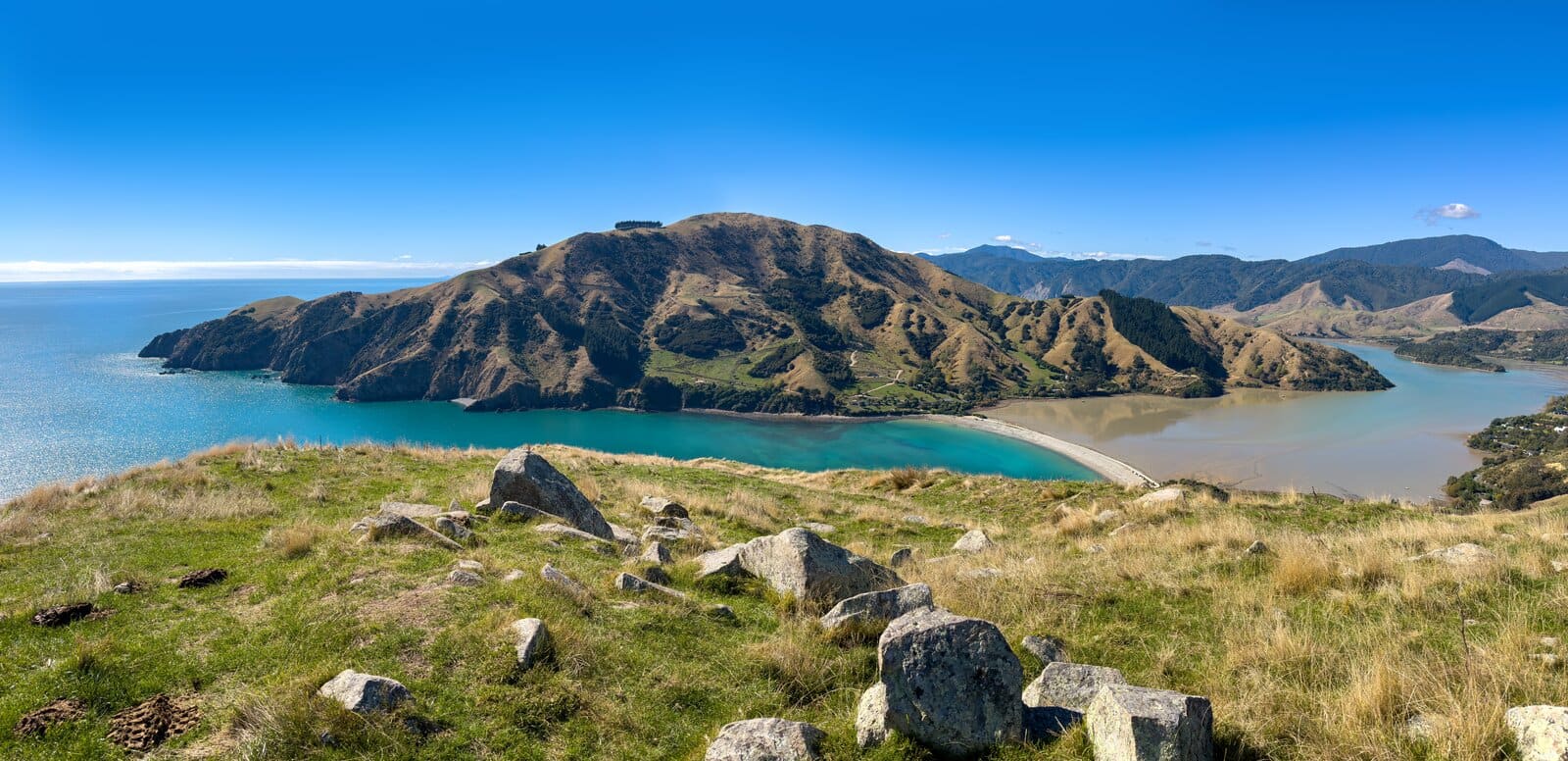 Coastal hills and turquoise bay in the Marlborough region, South Island, New Zealand