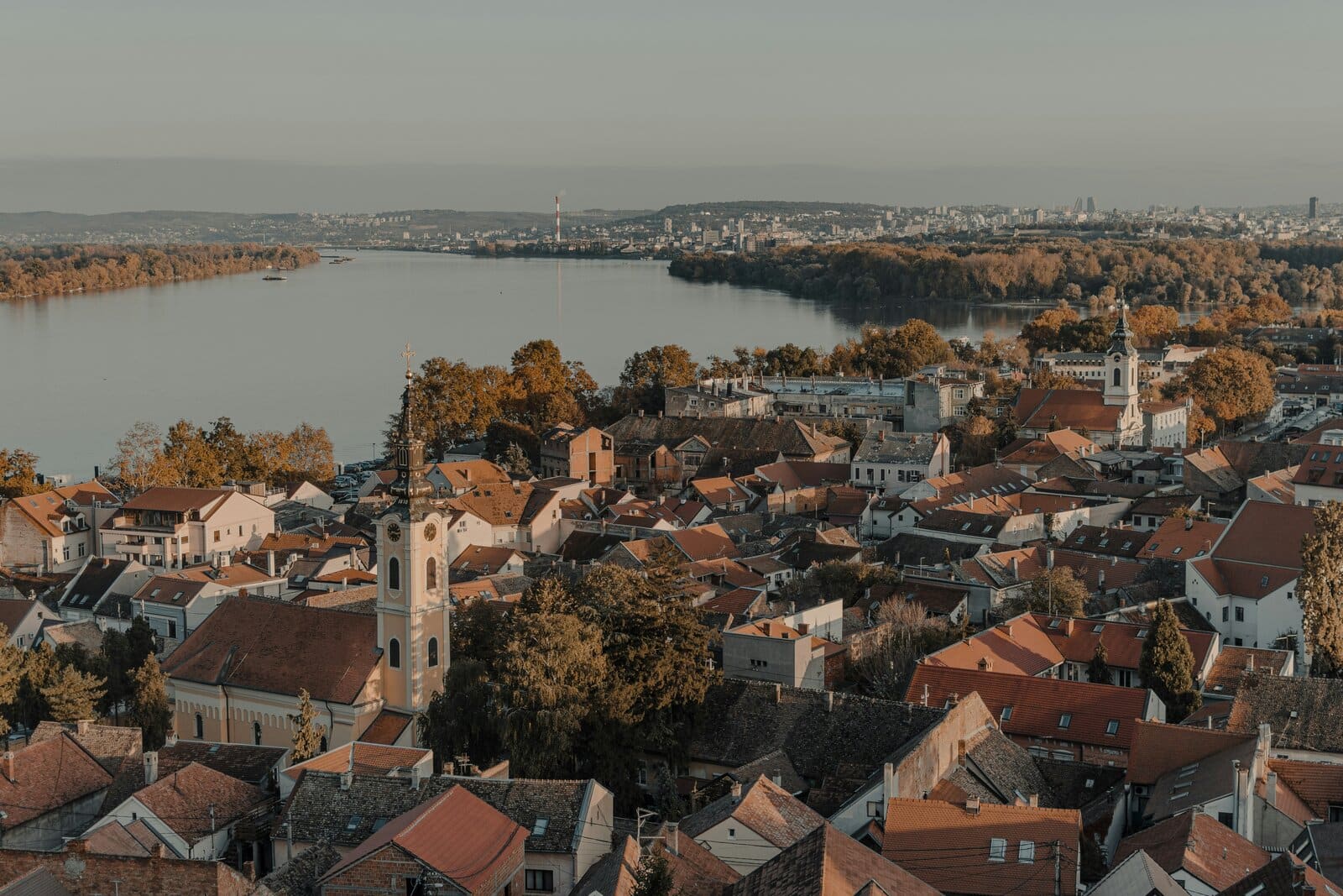 Rooftops of Zemun and the Danube at sunset in Belgrade, Serbia