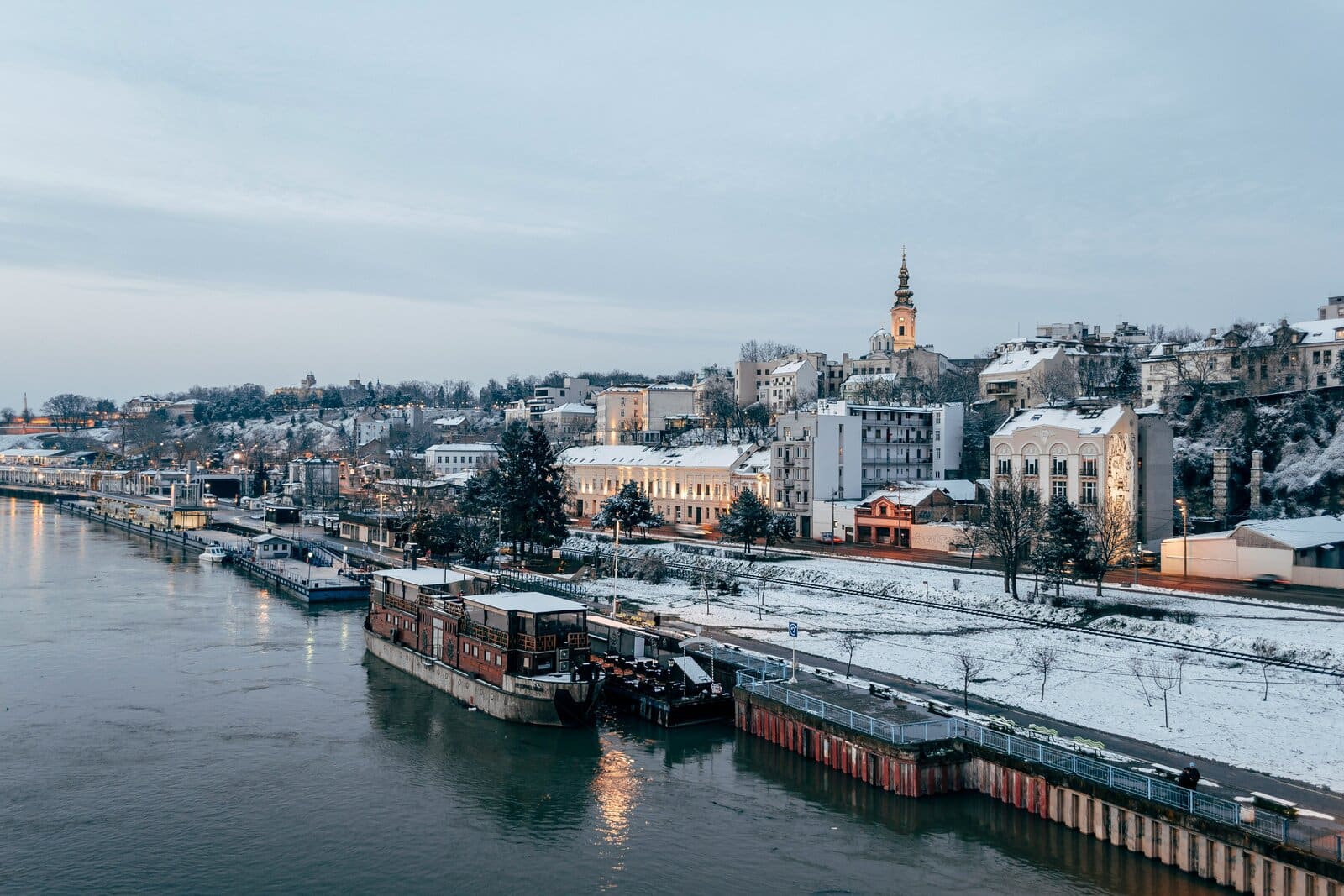 The old town and Sava riverfront of Belgrade in winter, Serbia