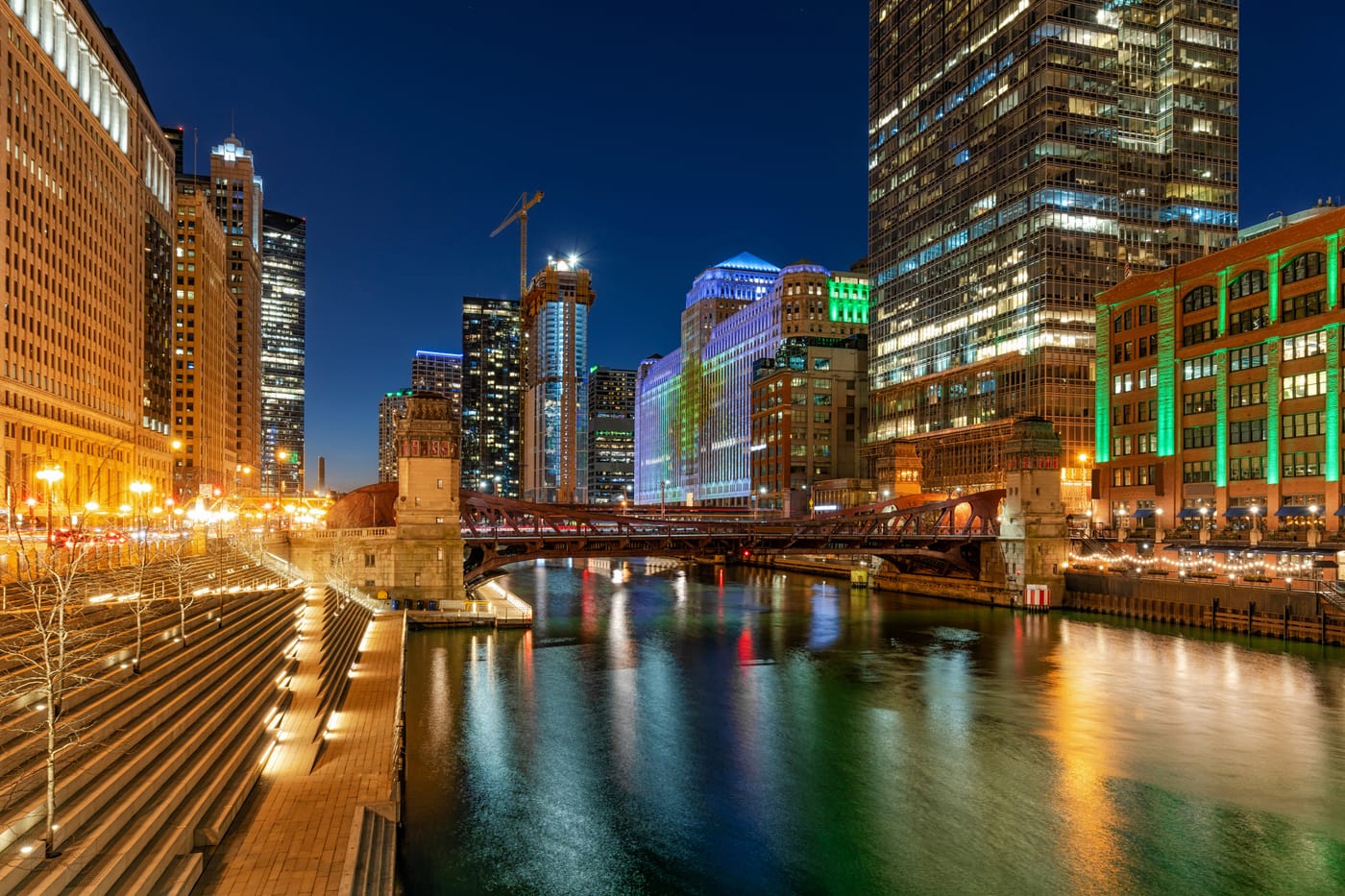 City riverfront at night