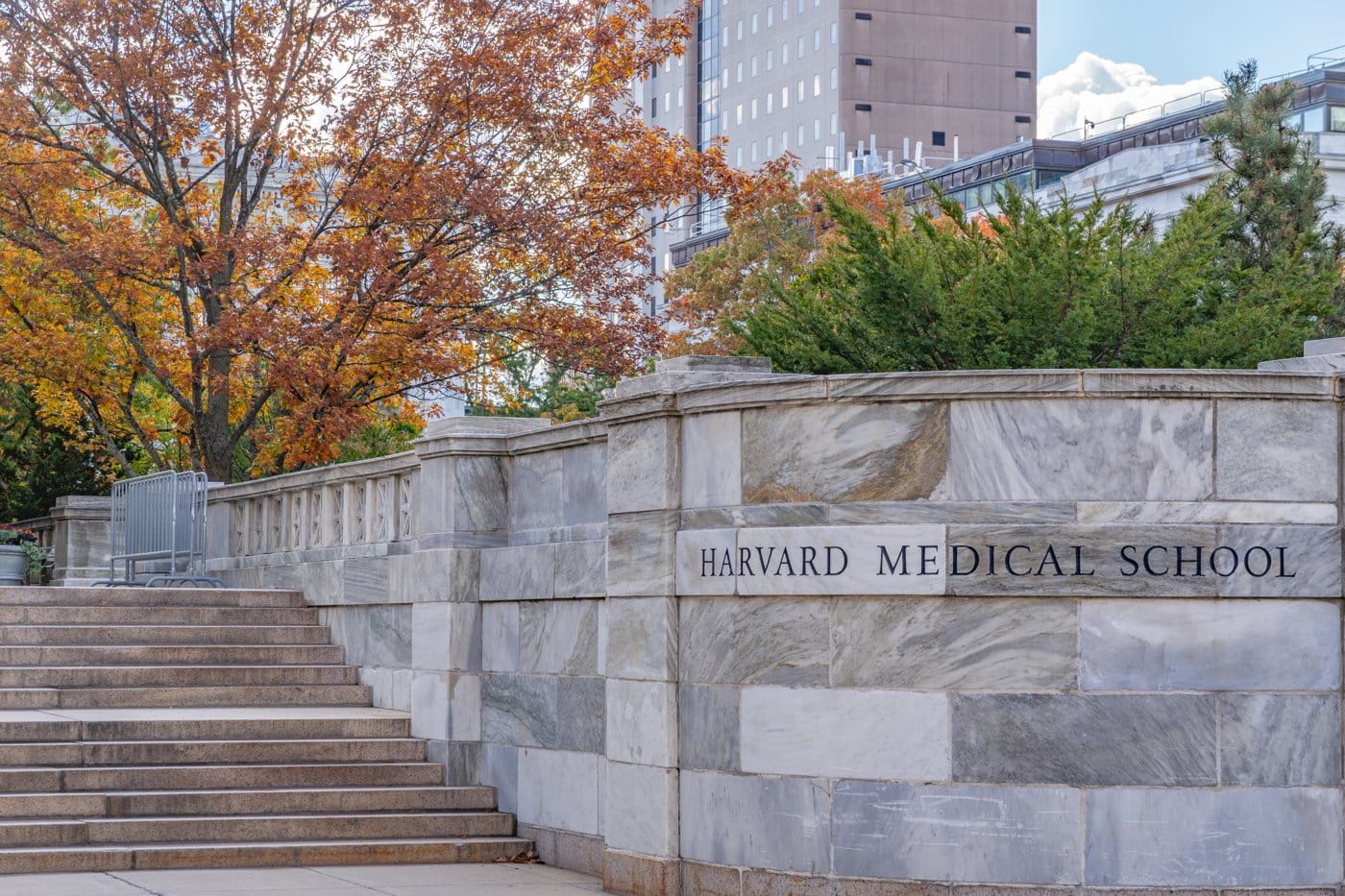 The Harvard Medical School marble wall and steps in autumn