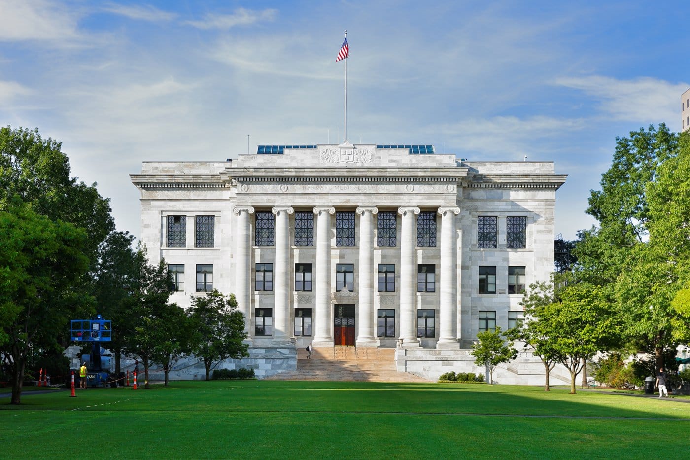 The marble facade of Harvard Medical School's Gordon Hall on the Longwood quadrangle, Boston