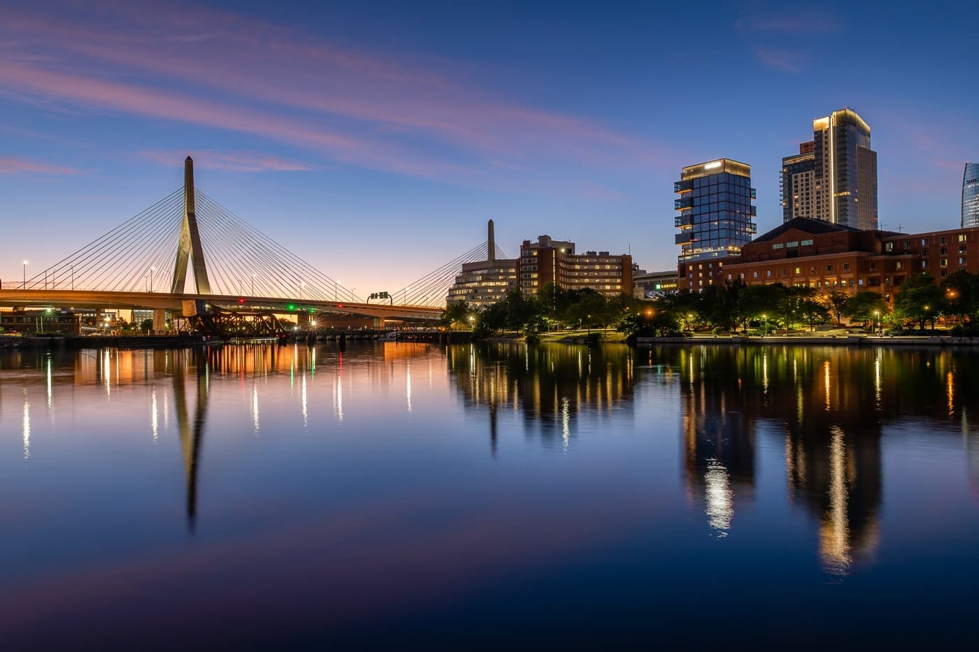 The Boston skyline at dusk along the Charles River