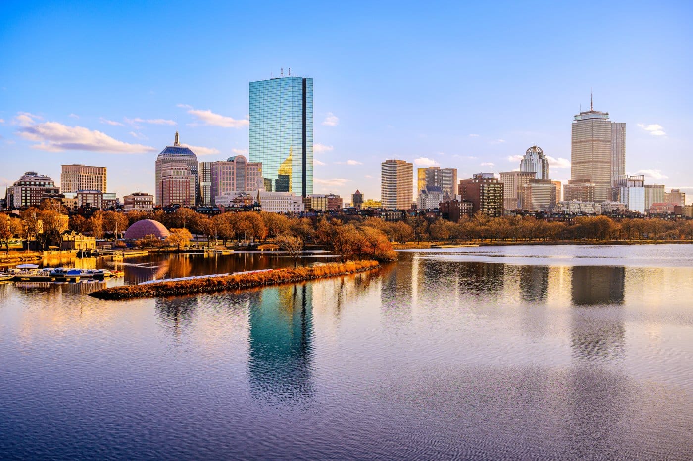 The Boston skyline across the Charles River in autumn
