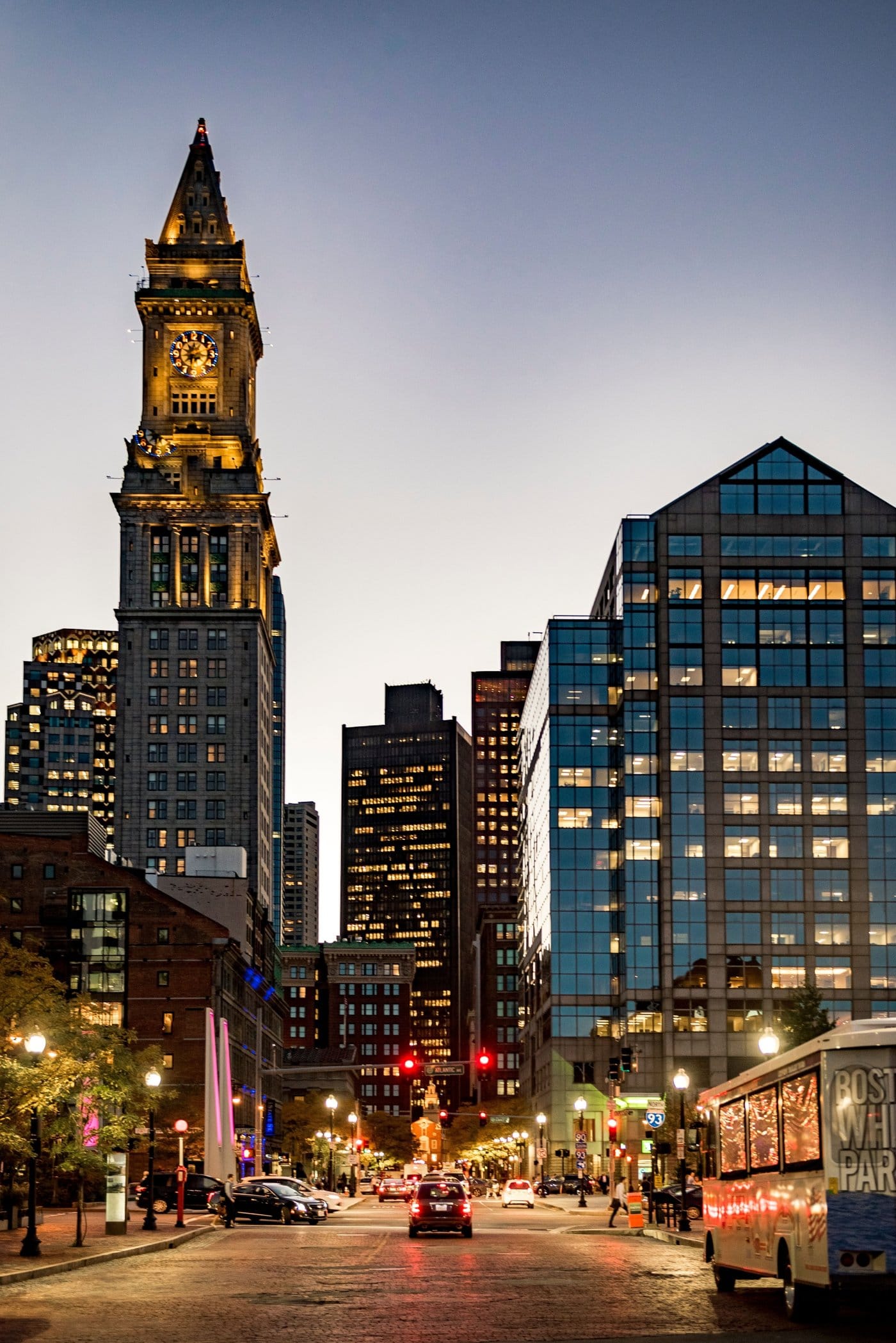 Boston's downtown skyline in the evening