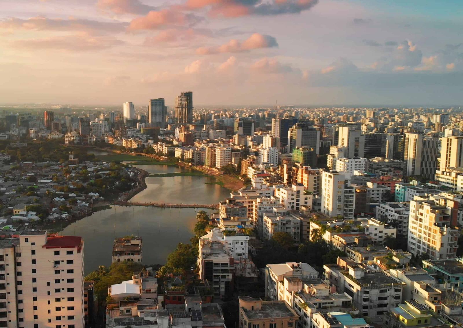 Aerial skyline view of Dhaka, Bangladesh at sunset