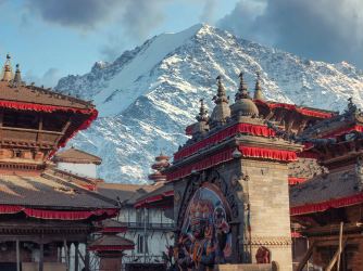 Kathmandu's Durbar Square with the Himalayas in the background, Nepal
