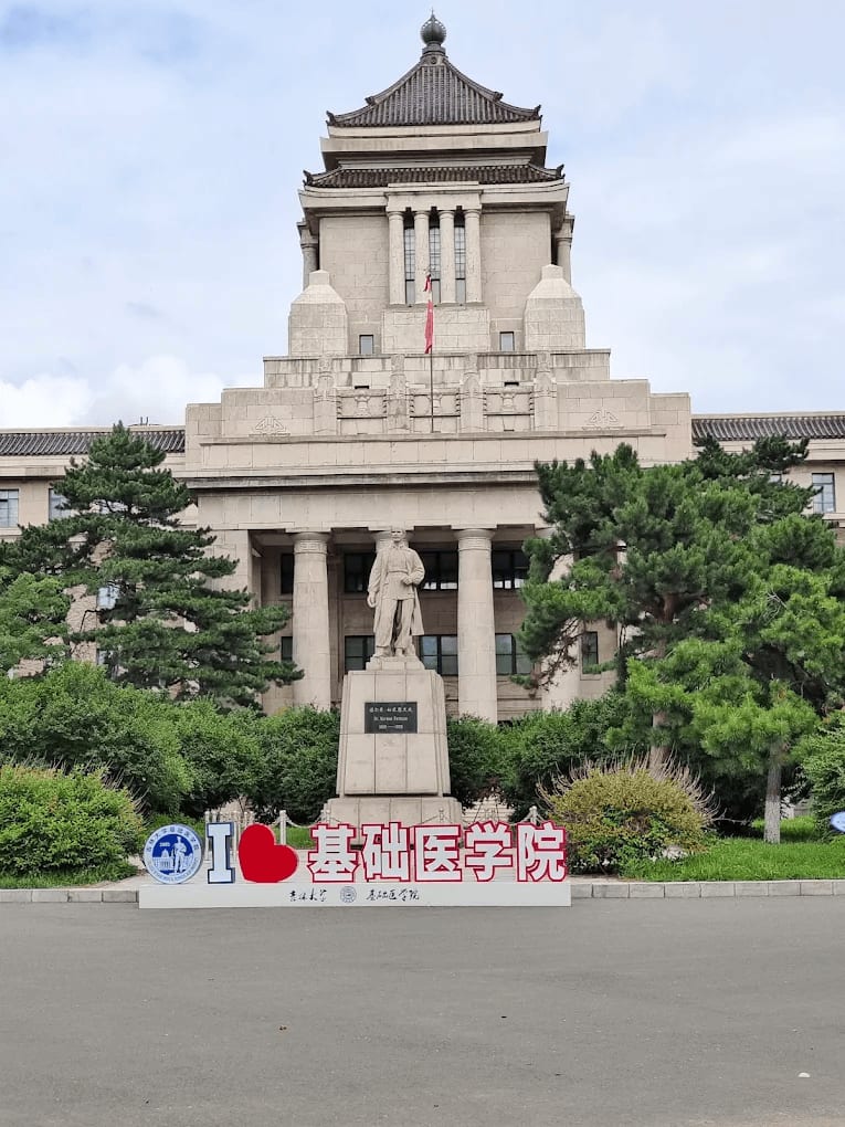 The statue of Dr Norman Bethune in front of the historic medical-college building of Jilin University in Changchun