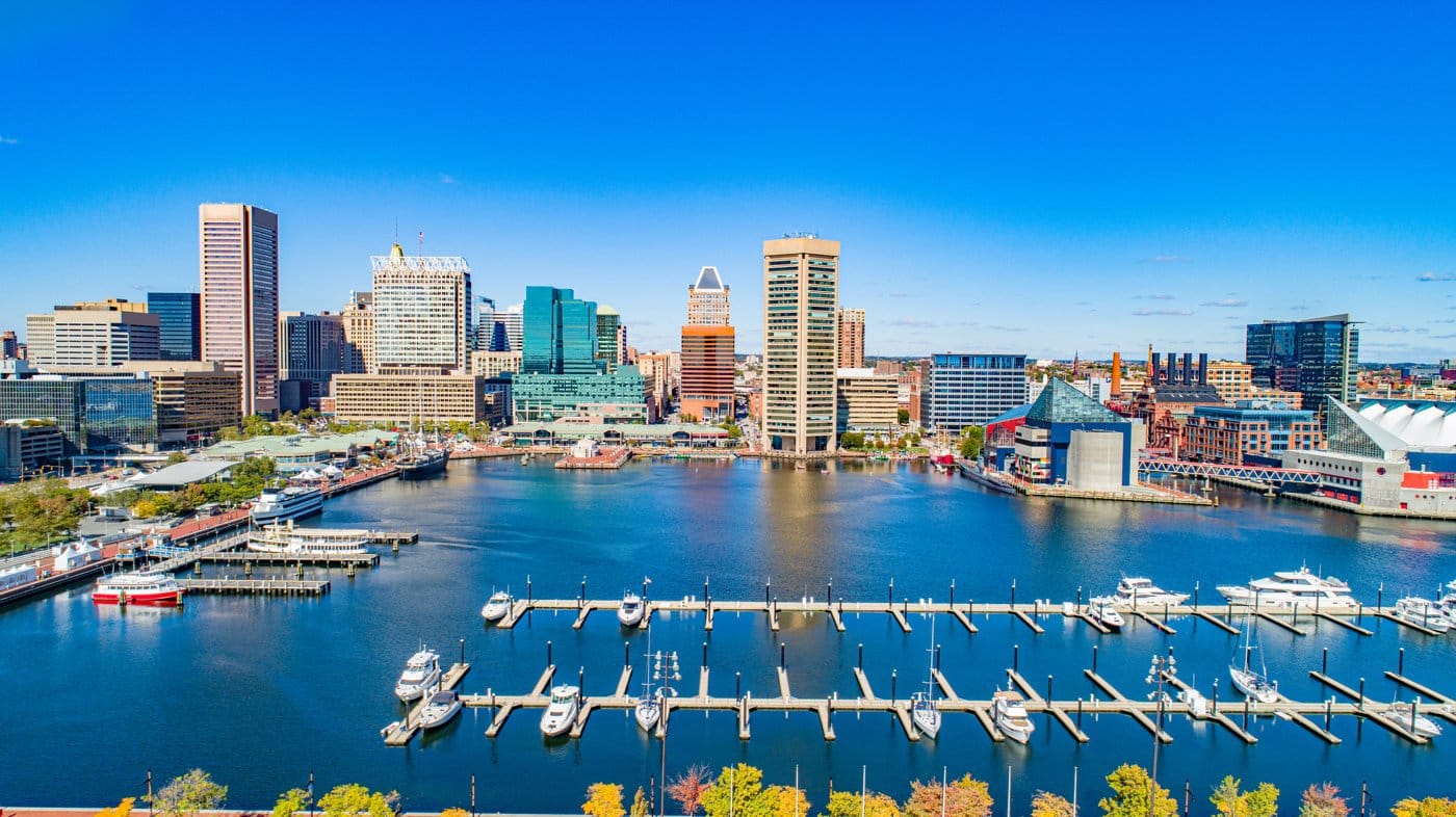 Panoramic view of the Baltimore Inner Harbor and skyline