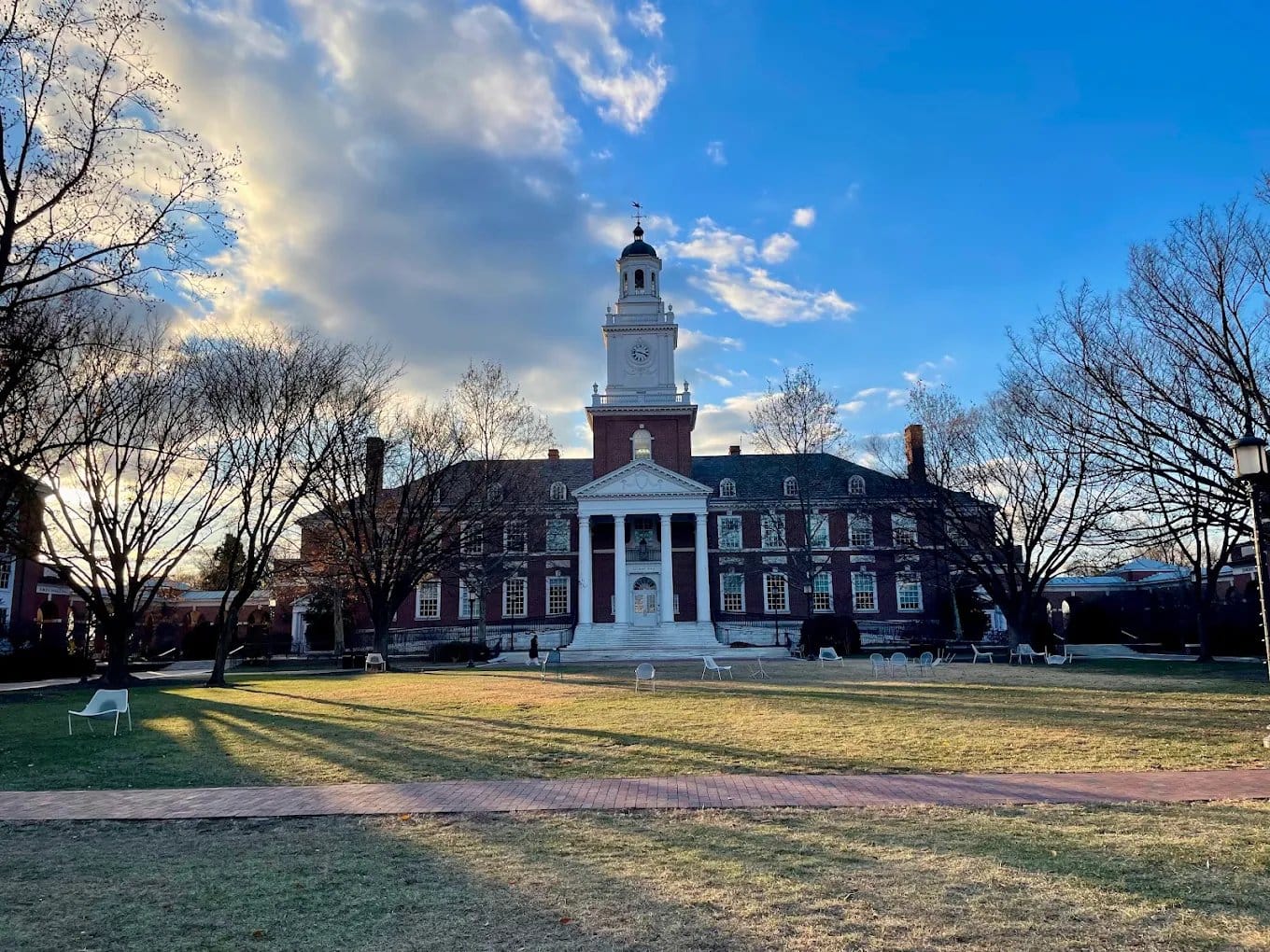 Gilman Hall clock tower on the Johns Hopkins Homewood campus