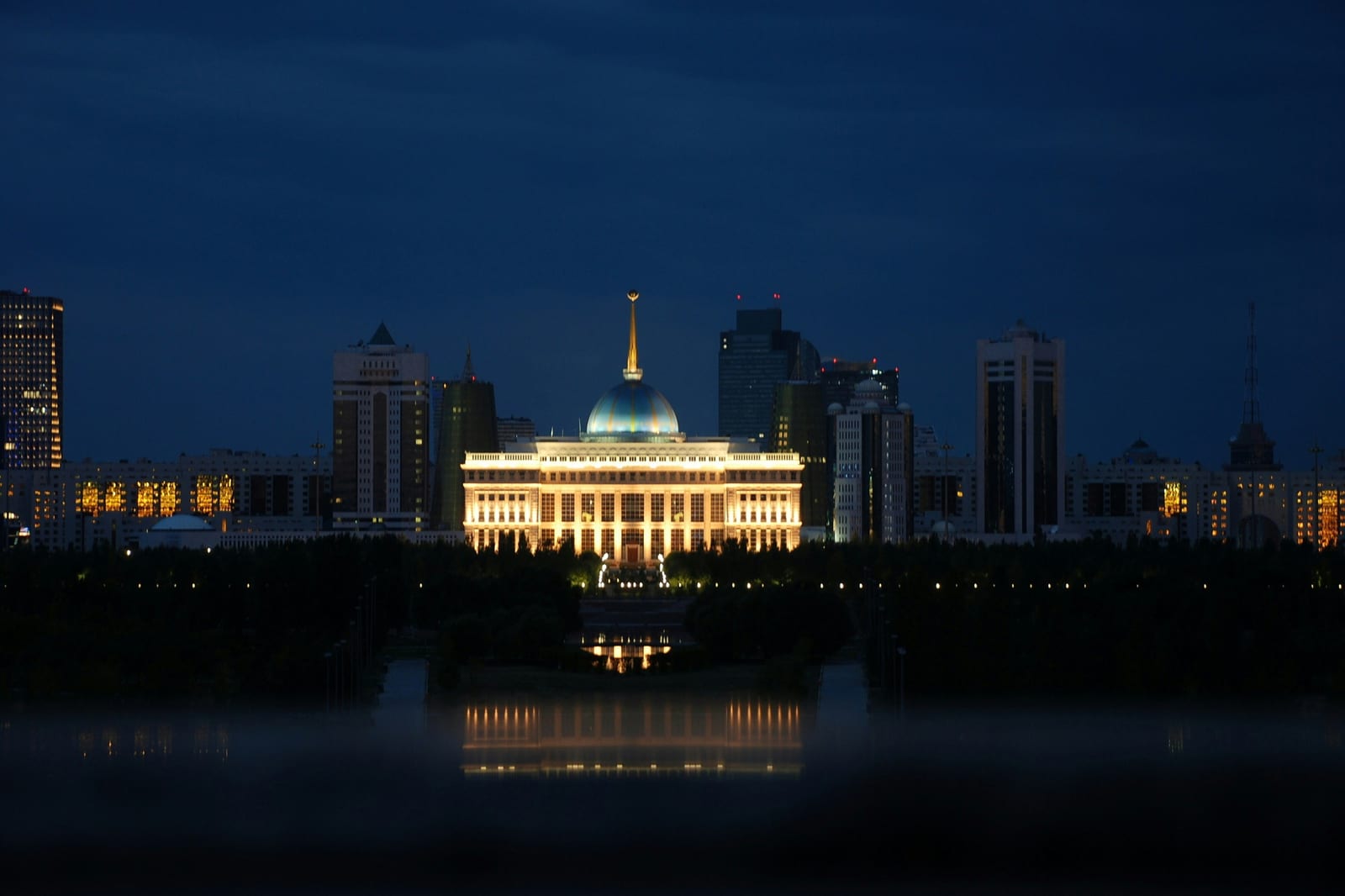 The Ak Orda presidential palace in Astana illuminated at night, Kazakhstan