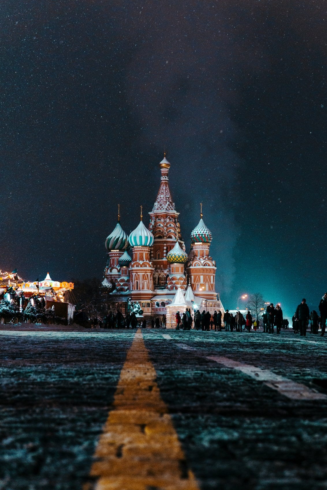 St Basil's Cathedral lit up on a snowy night on Red Square, Moscow