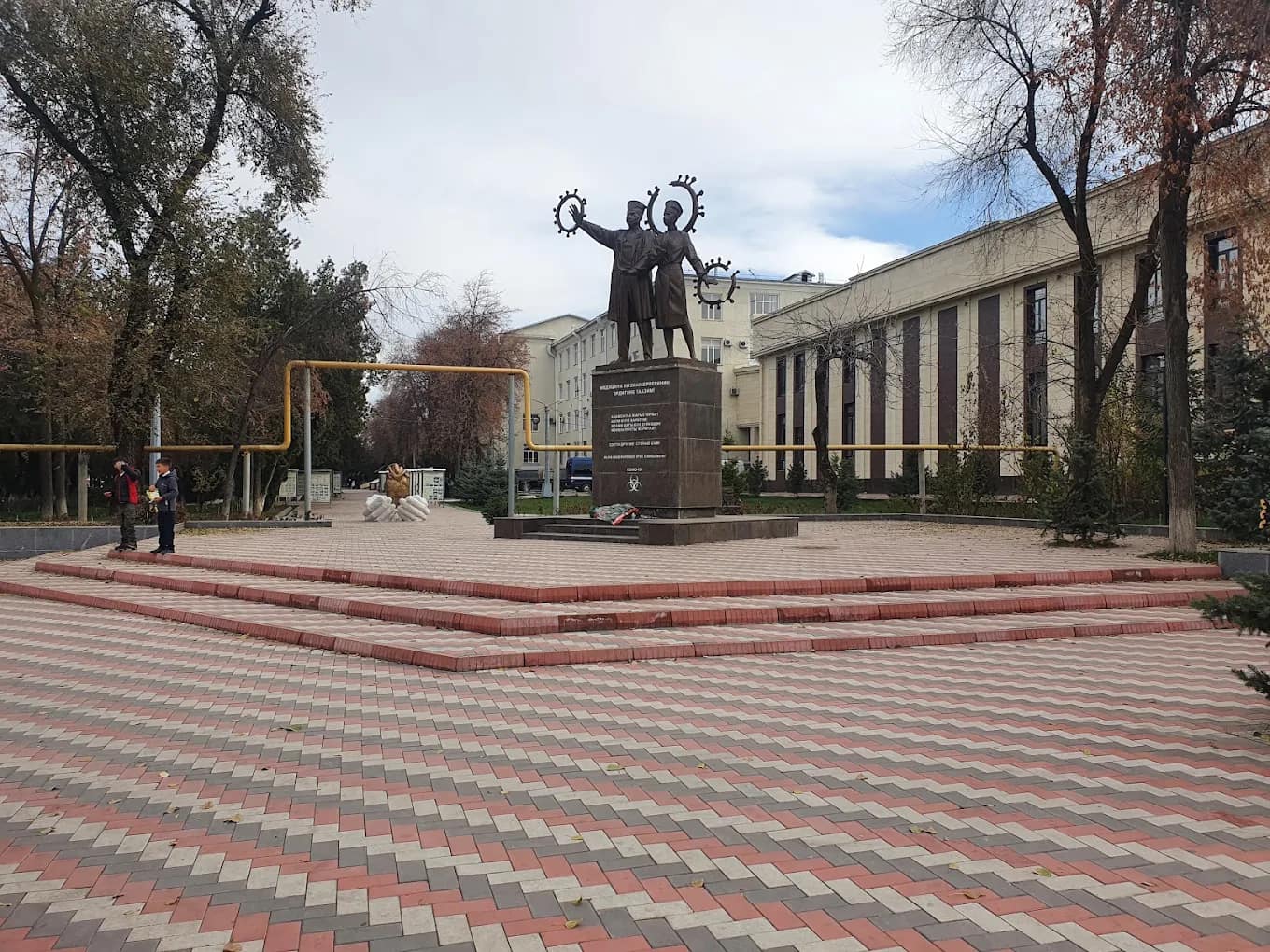 Monument square in front of the Kyrgyz State Medical Academy campus in Bishkek