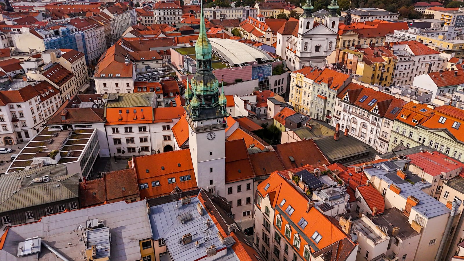Aerial view of Brno with the Cathedral of St. Peter and Paul