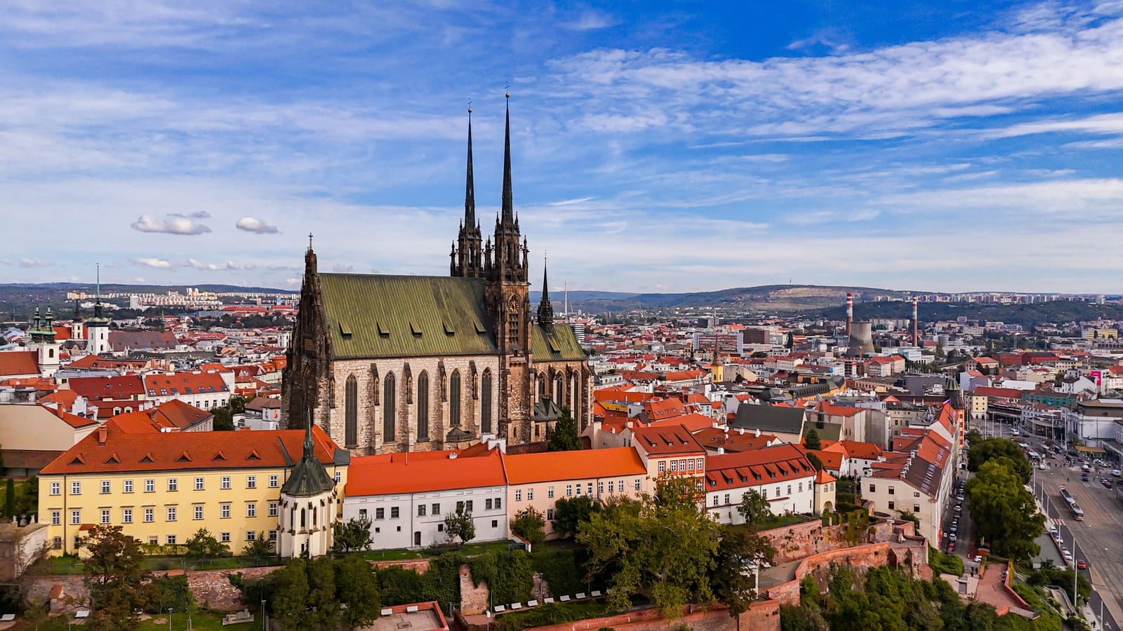Aerial view of Brno rooftops and the historic centre