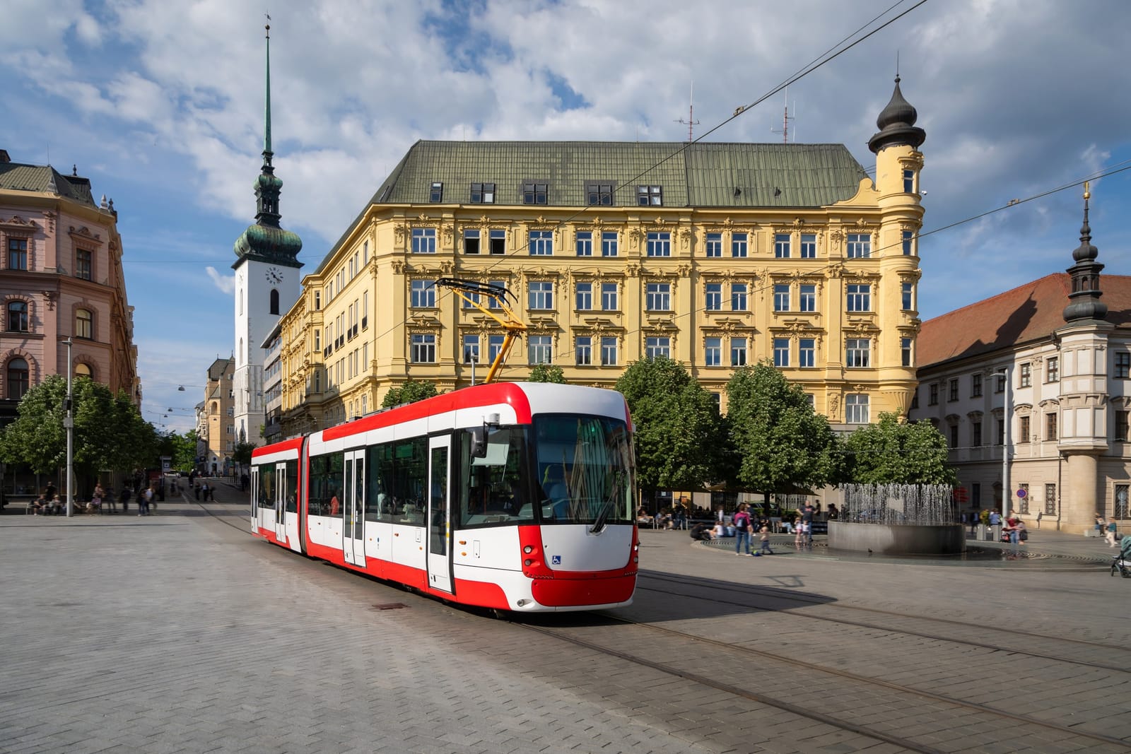 A tram passing through the historic centre of Brno