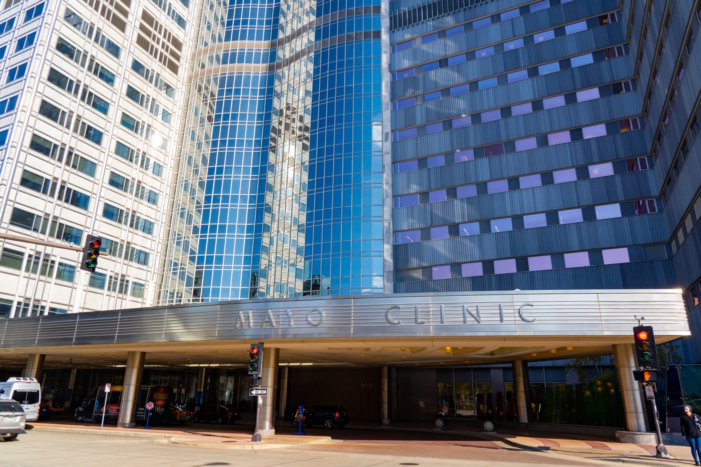 The main Mayo Clinic building entrance in Rochester, Minnesota