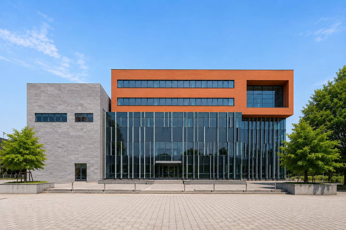 A modern glass-and-brick building of the Medical University of Łódź, its glazed facade lined with vertical fins under a red-brick upper storey
