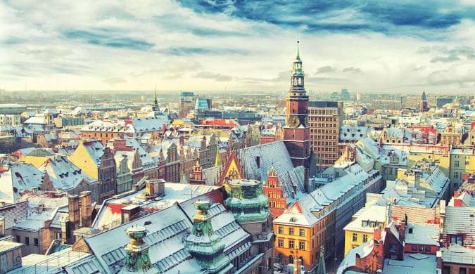 The old-town skyline of a Polish city
