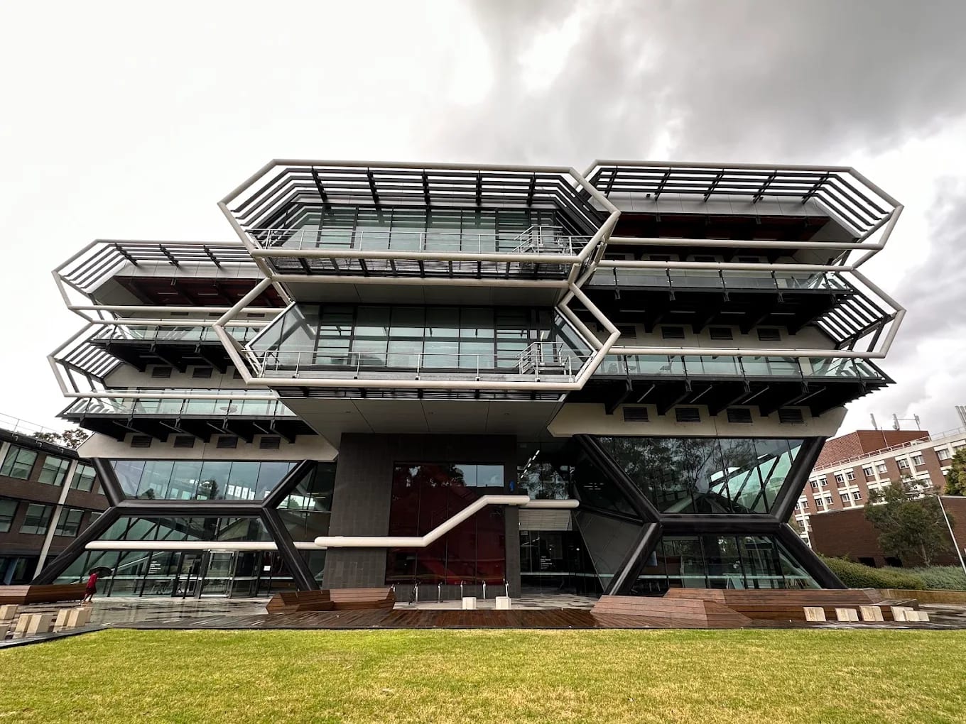 A Monash University building at the Clayton campus in Melbourne with cantilevered hexagonal balconies