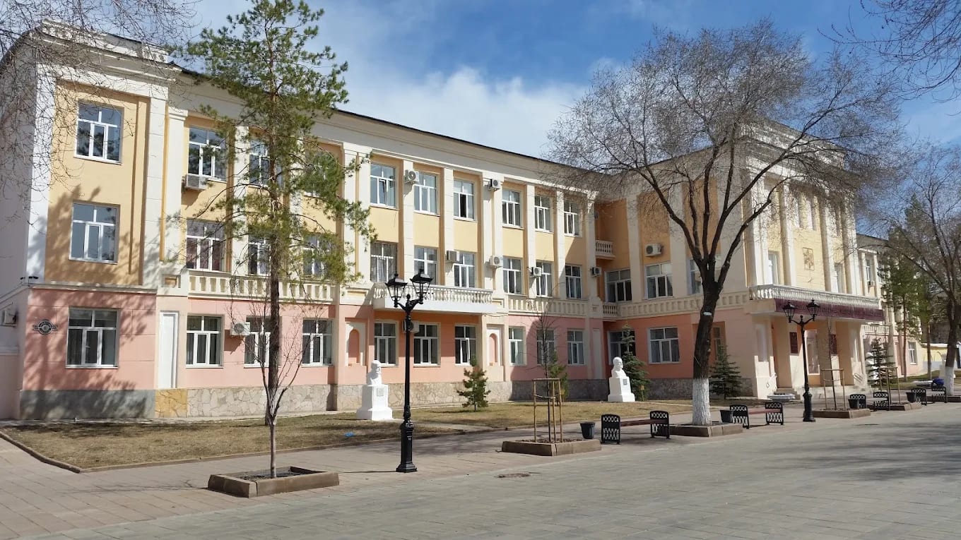 The neoclassical main building of Orenburg State Medical University on its pedestrian plaza