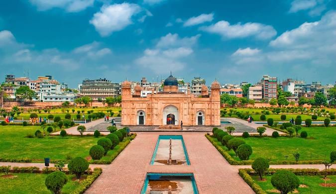 Wide view of the Lalbagh Fort gardens in Dhaka
