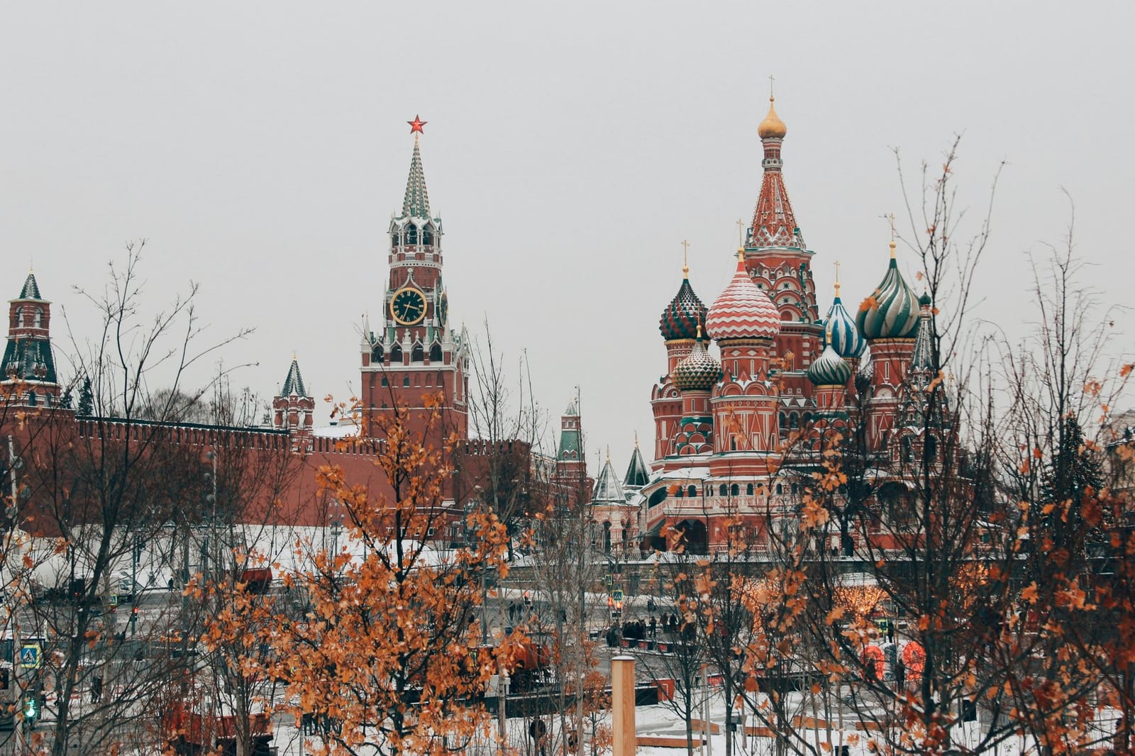 Red Square in Moscow with the Kremlin's Spasskaya Tower and St Basil's Cathedral in winter