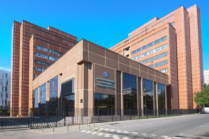 A Sechenov University building in Moscow with Russian signage and the university emblem
